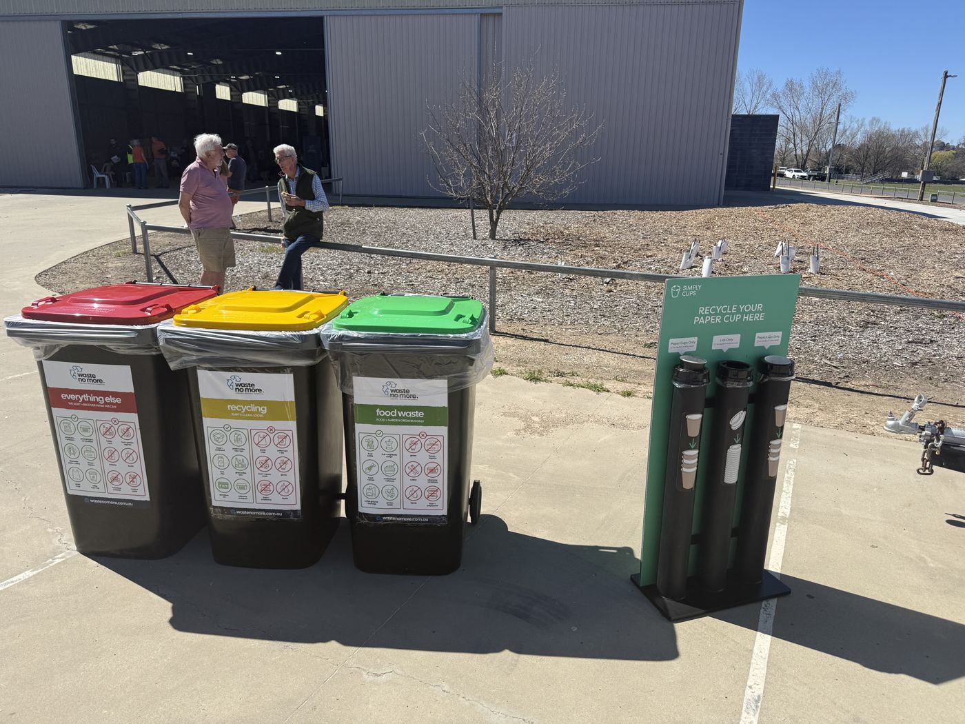 Waste No More bin station with food waste, recycling and everything else bins next to a Simply Cups coffee cup recycling station